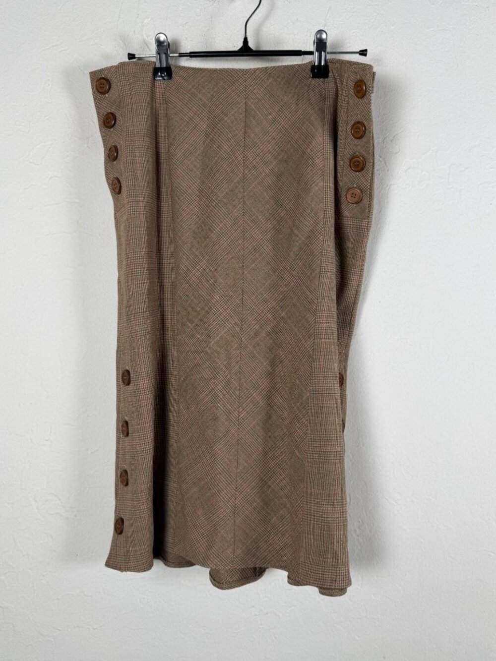 Blumarine Italy Brown Plaid A-Line Skirt Sailor Button Detail Wool Blend Size 42